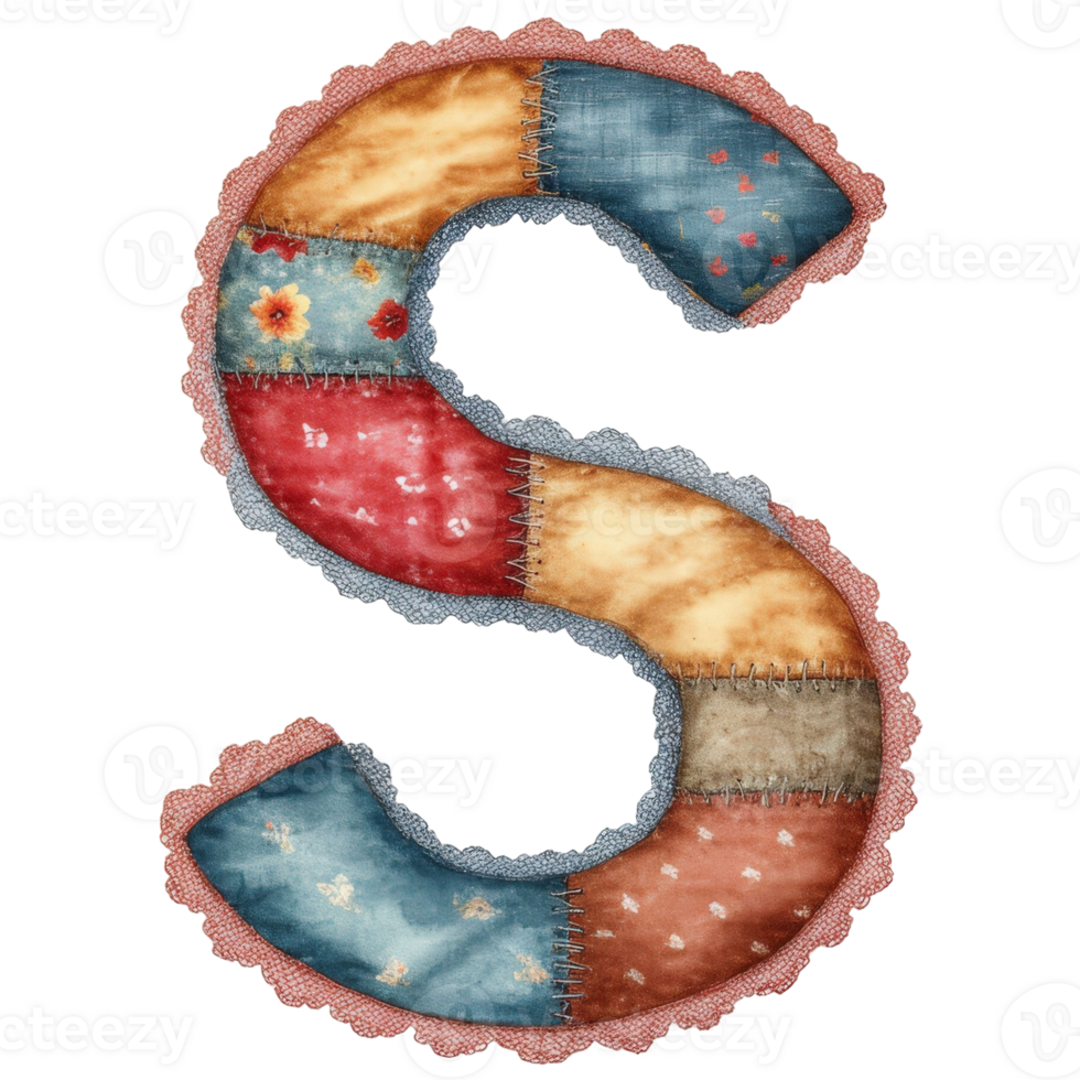 The letter S created with a patchwork design, adorned with a soft pink lace trim, evokes a sense of handmade charm and playful creativity. png