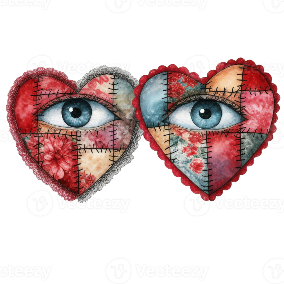 Unique hearts with eyes, intricate patchwork design, artistic expression and whimsical appeal. These heart-shaped creations symbolize the inner eye, revealing hidden depths of sentiment png