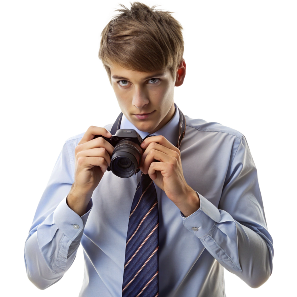 Young man in business attire tying necktie studio setting portrait photography professional environment close-up view style concept png