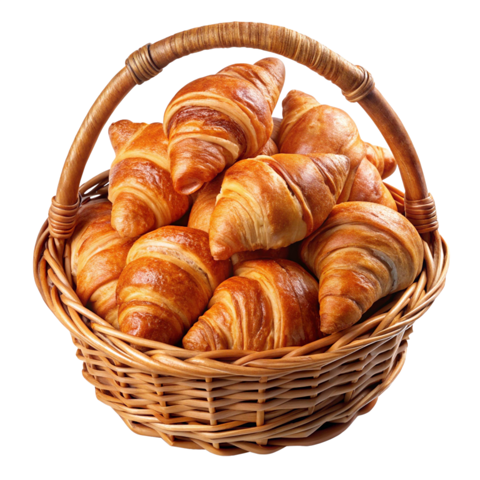 Freshly baked croissants in a rustic basket bakery setting food photography cozy atmosphere close-up view culinary delight png