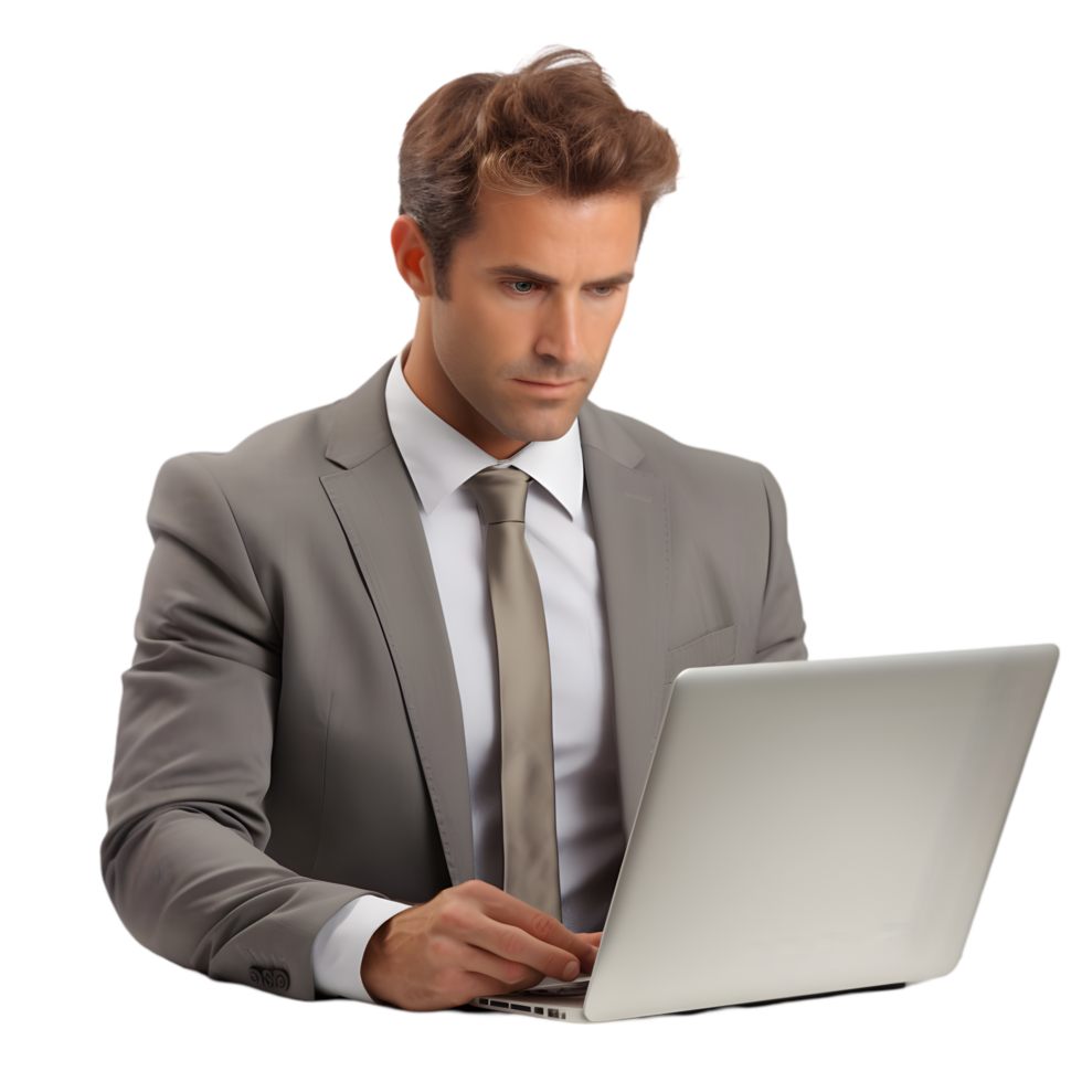 Businessman analyzing data on laptop in modern office environment professional context focused viewpoint png