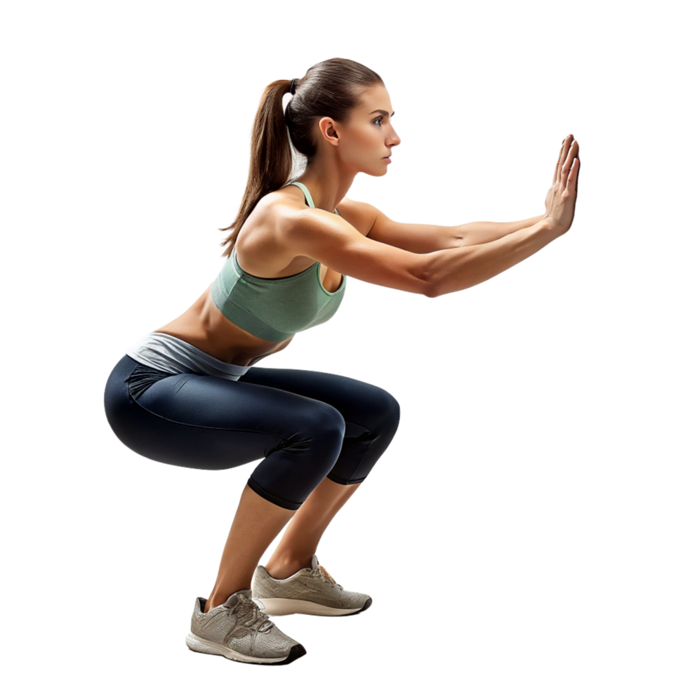 Woman performing wall sit exercise at home gym fitness lifestyle indoor focused view strength training concept png