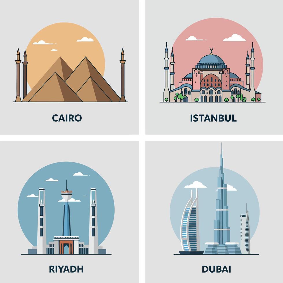 Iconic Middle Eastern landmarks with flat design style featuring Cairo pyramids, Istanbul mosque, Riyadh towers, and Dubai skyscrapers illustration vector