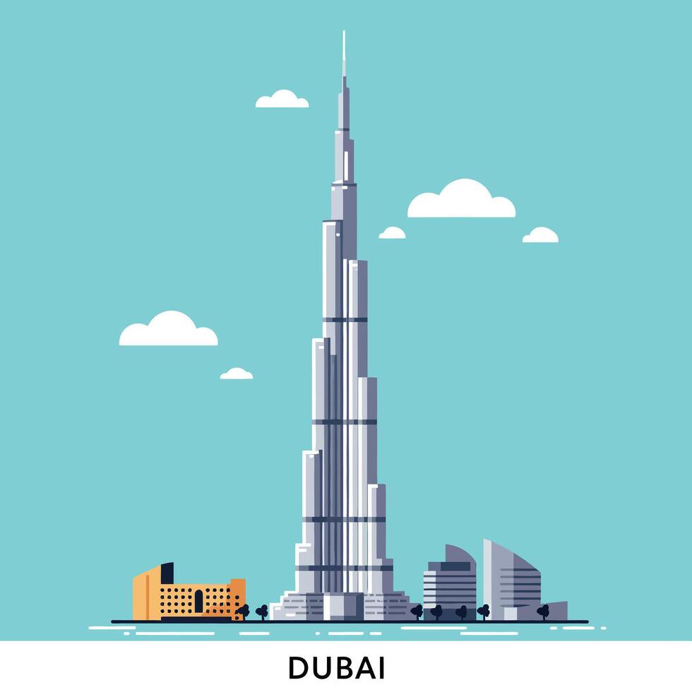 Burj Khalifa skyscraper with surrounding modern buildings in flat design blue sky illustration vector
