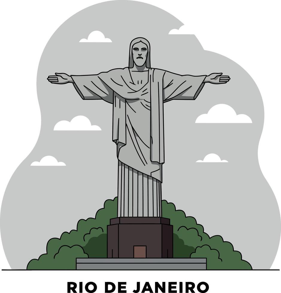 Christ the Redeemer statue landmark with open arms on hilltop minimal flat illustration vector