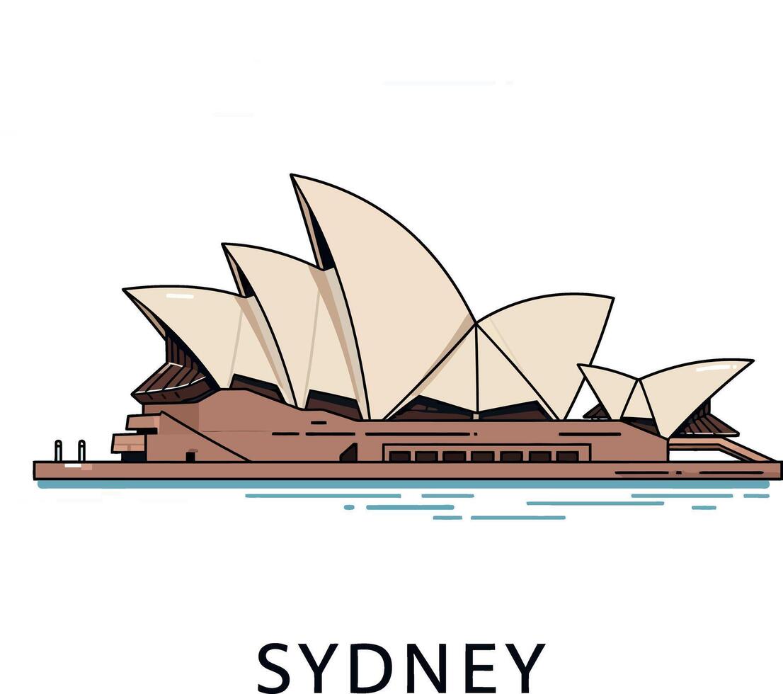 Sydney Opera House iconic architecture flat design with white sails and water reflection illustration vector
