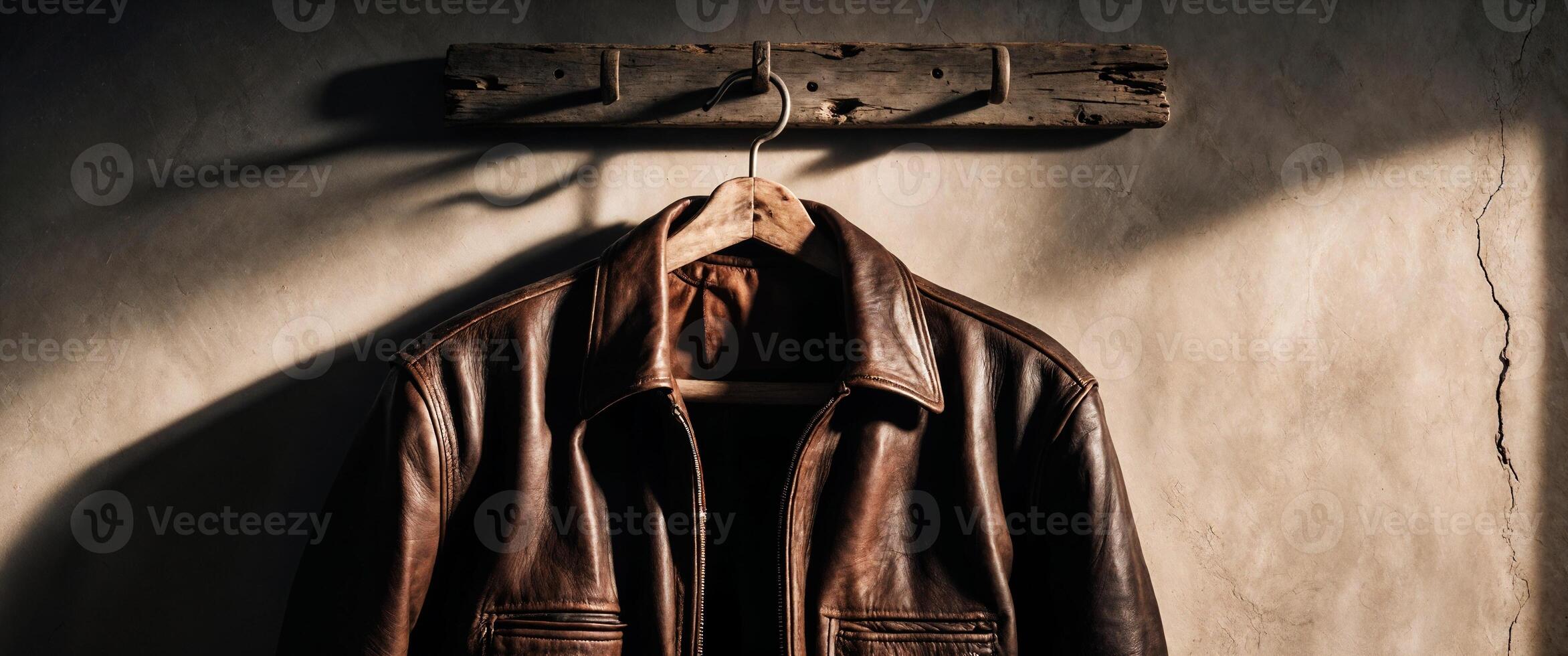A brown leather jacket hangs on a wooden rack photo
