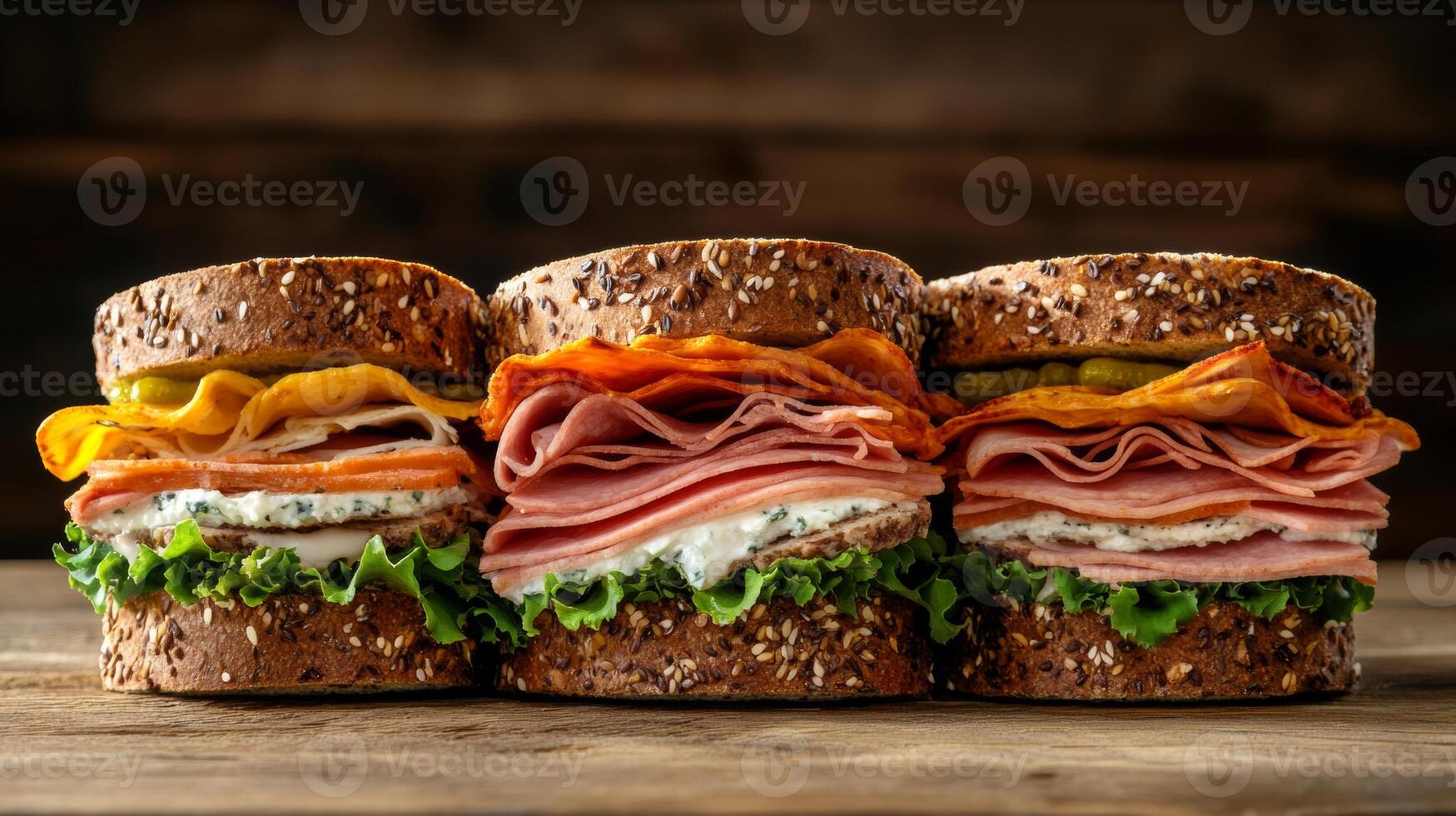 Delicious stacked sandwiches with layers of meats, cheeses, and fresh vegetables on a rustic wooden background photo