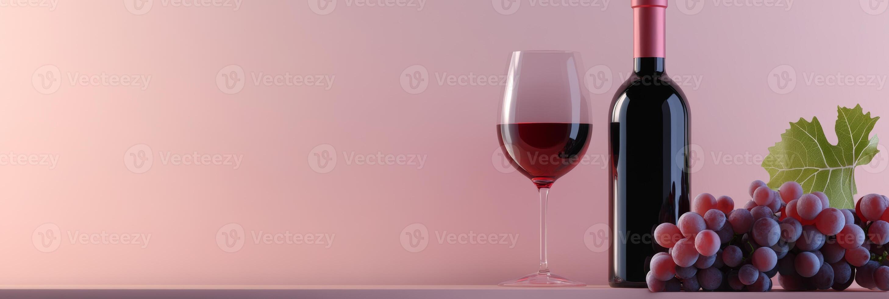 Rich red wine elegantly showcased next to fresh grapes against a soft pastel background during a tranquil evening photo