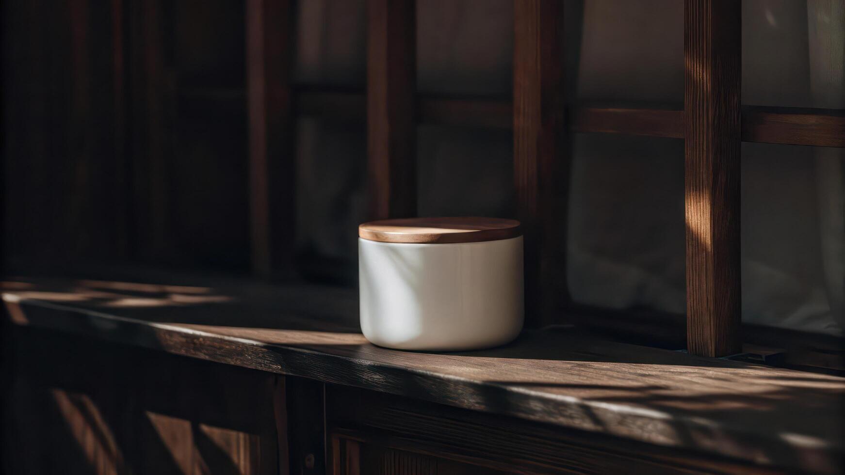A white jar sitting on a wooden table photo