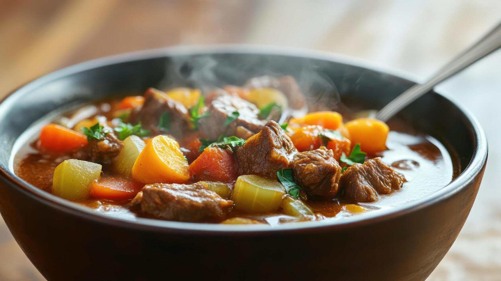 A bowl of beef stew with vegetables and meat photo