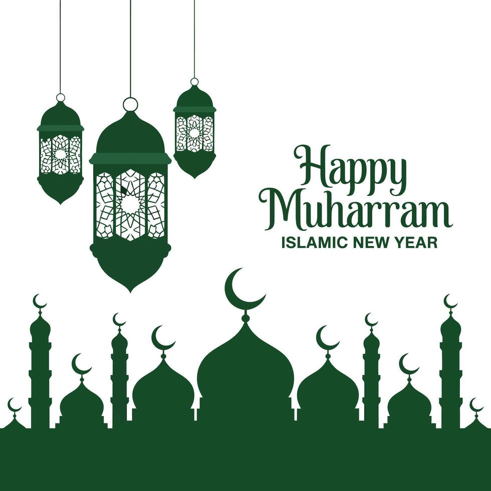 Minimalist Muharram with Mosque and Lanterns. vector