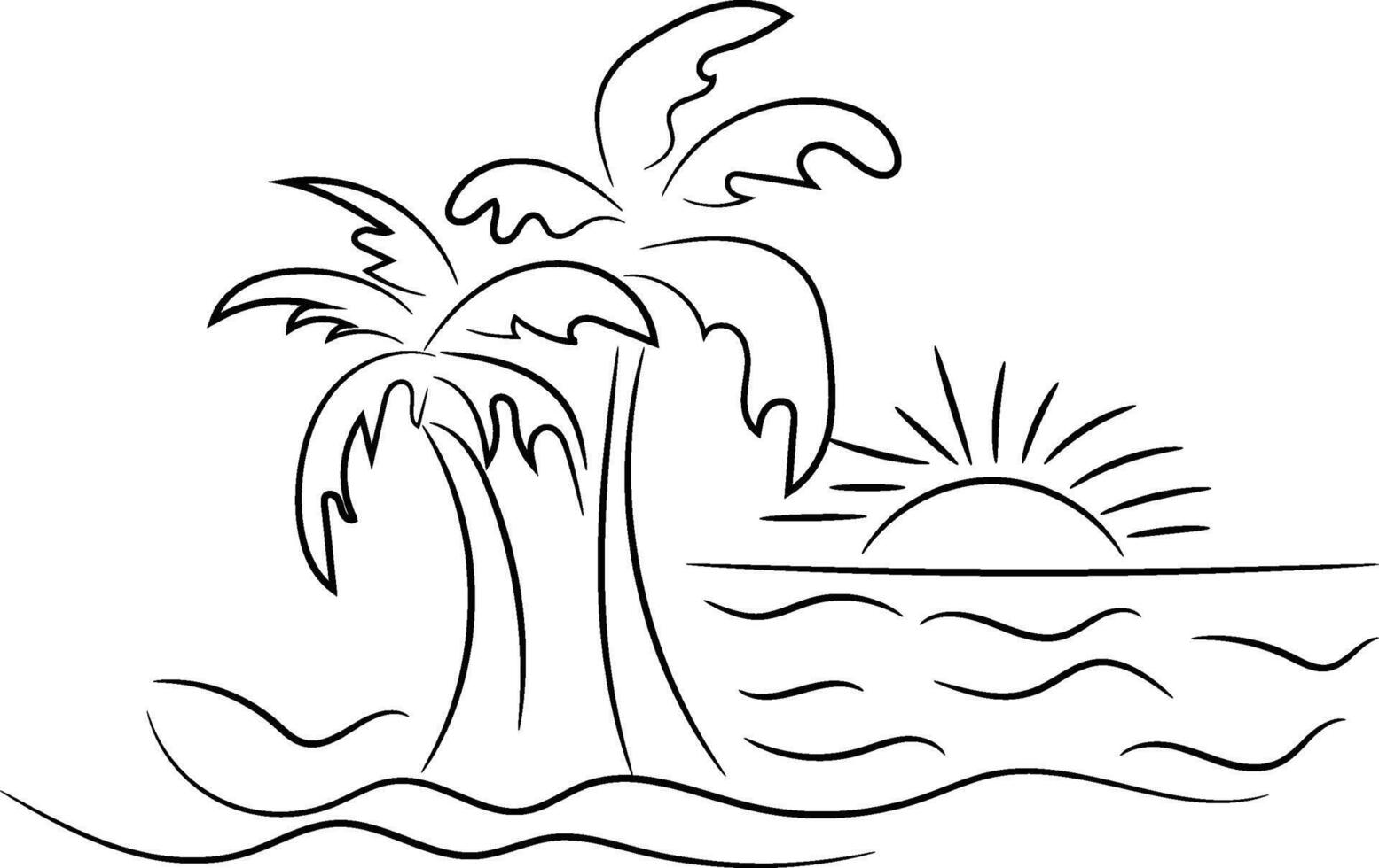 Line Drawing of a Tropical Sunset Scene with Palm Trees and Ocean Waves vector