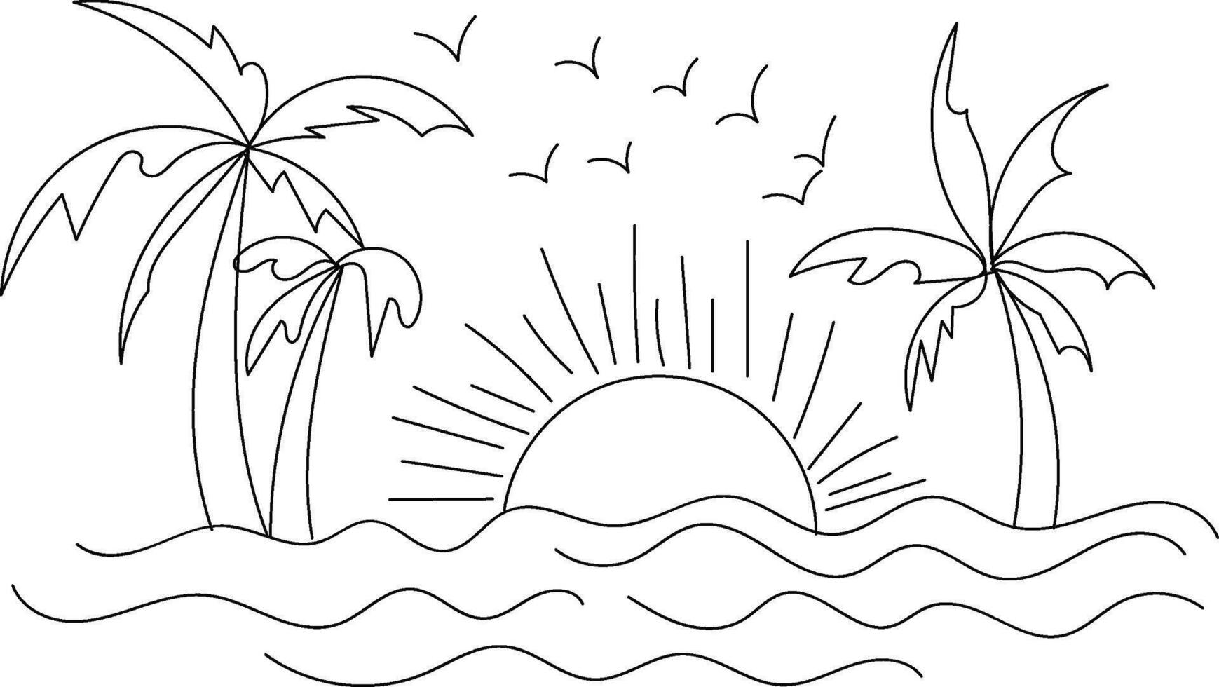 Simple Line Drawing of a Tropical Sunset Scene with Palm Trees and Ocean Waves vector