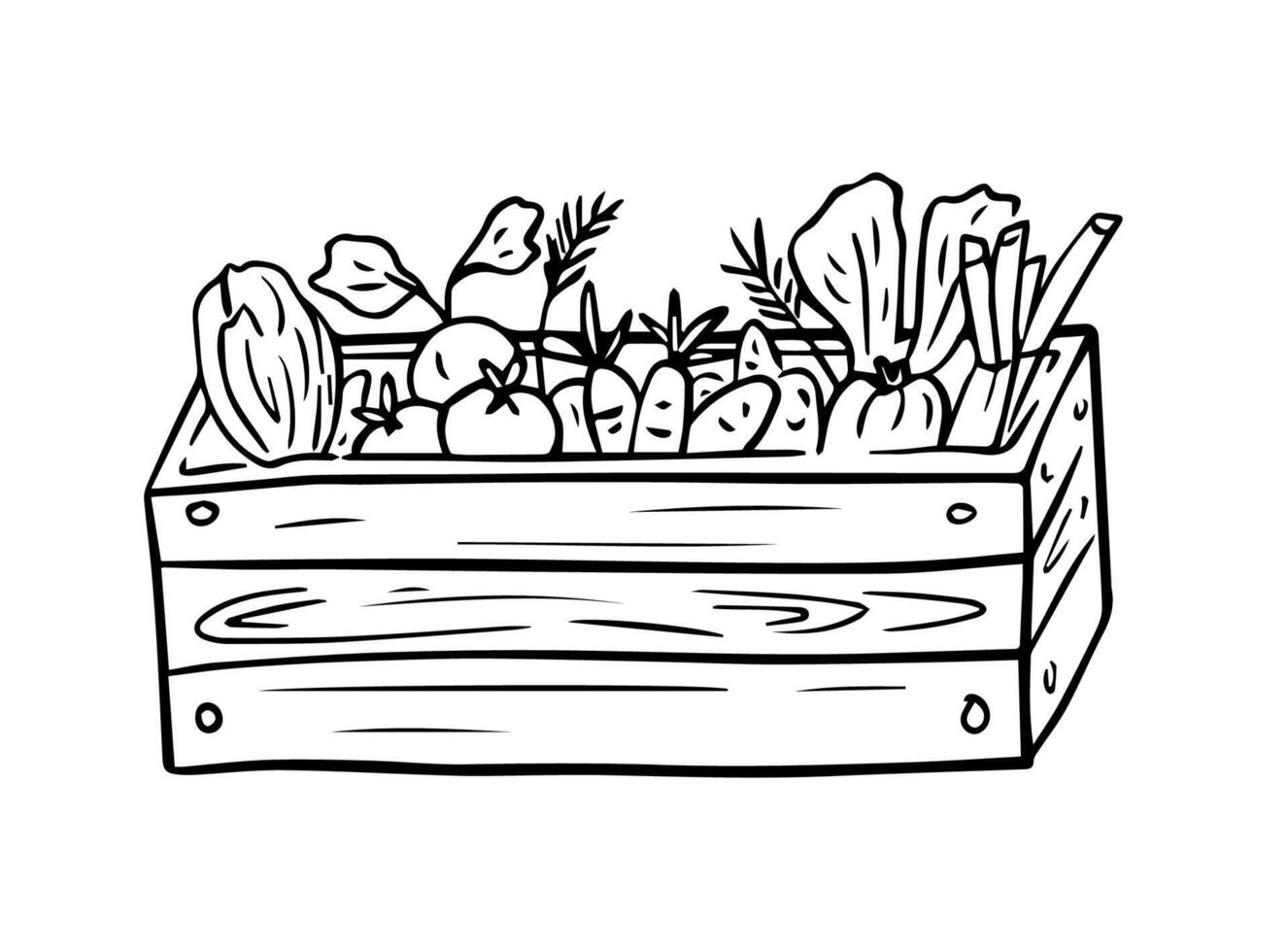illustration of a wooden box full of fresh vegetables for the concept of an organic market, store, grocery store. Natural farm products, packaging design, menu, logos of vegan products. vector