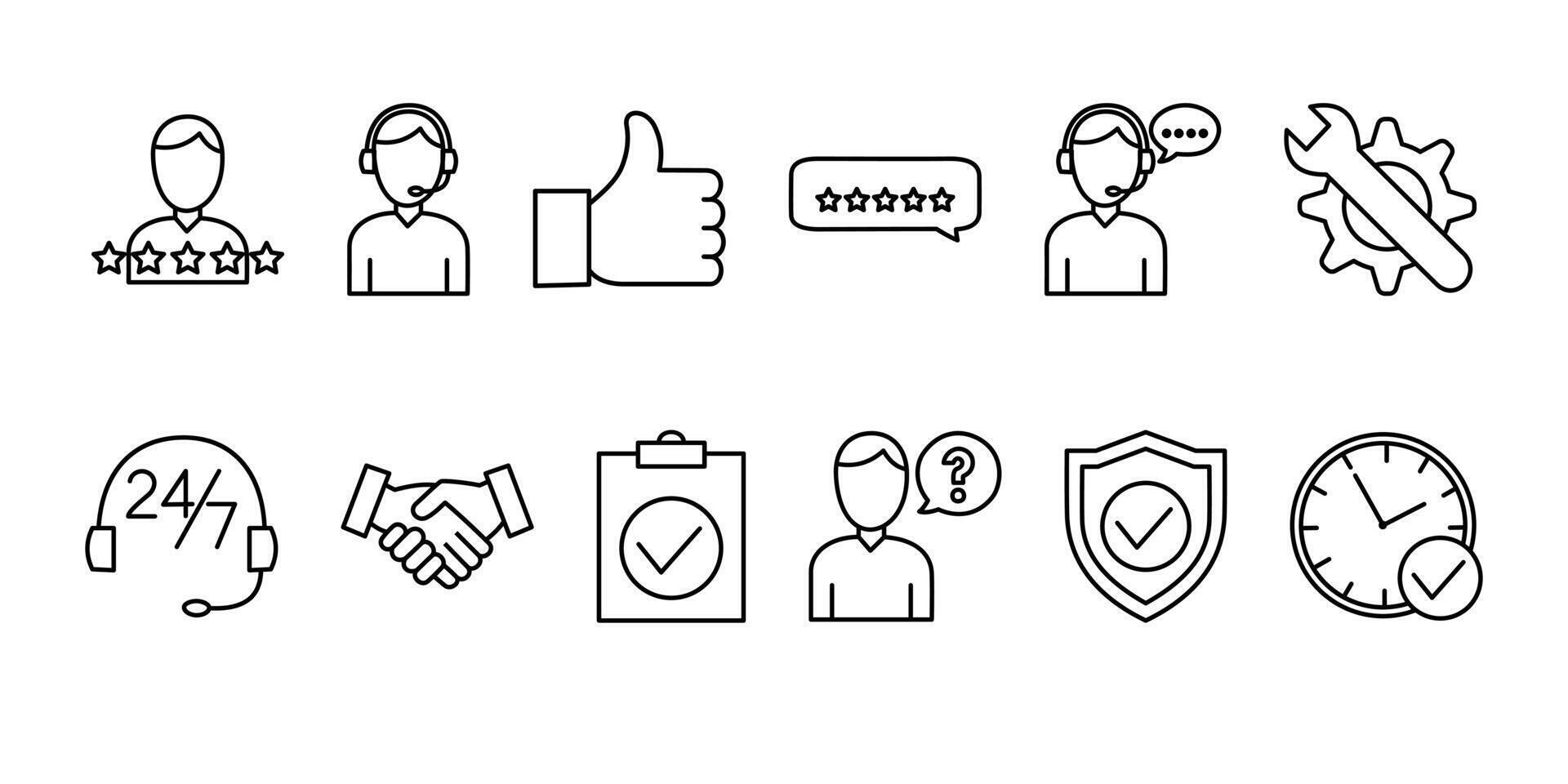 Customer satisfaction and support icons set. Collection of thin line symbols representing customer experience, feedback, technical support. vector