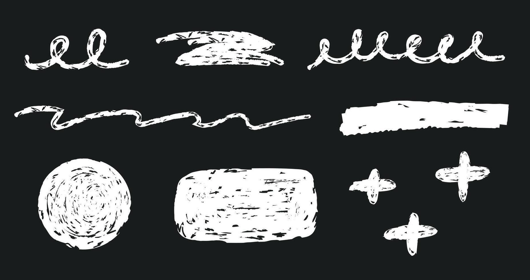 Set of hand drawn lines and shapes with crayon texture drawn on black chalkboard vector