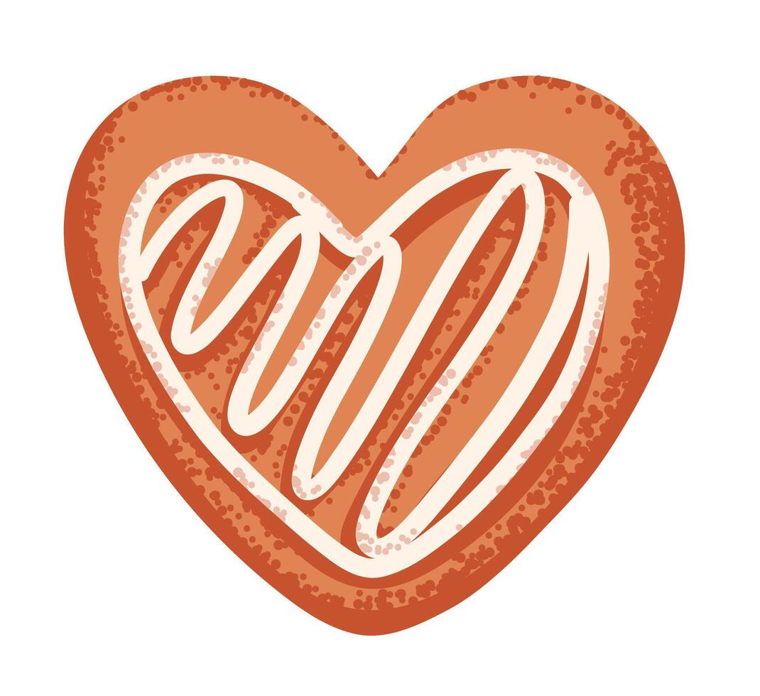 Gingerbread cookie in shape of heart with white sweet icing. Christmas traditional food vector