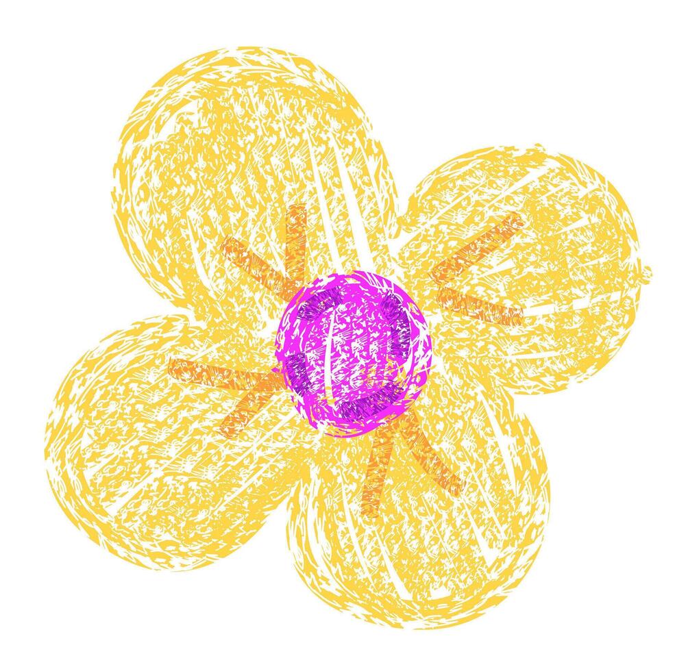 Yellow flower drawing with crayon texture effect isolated on transparent background vector