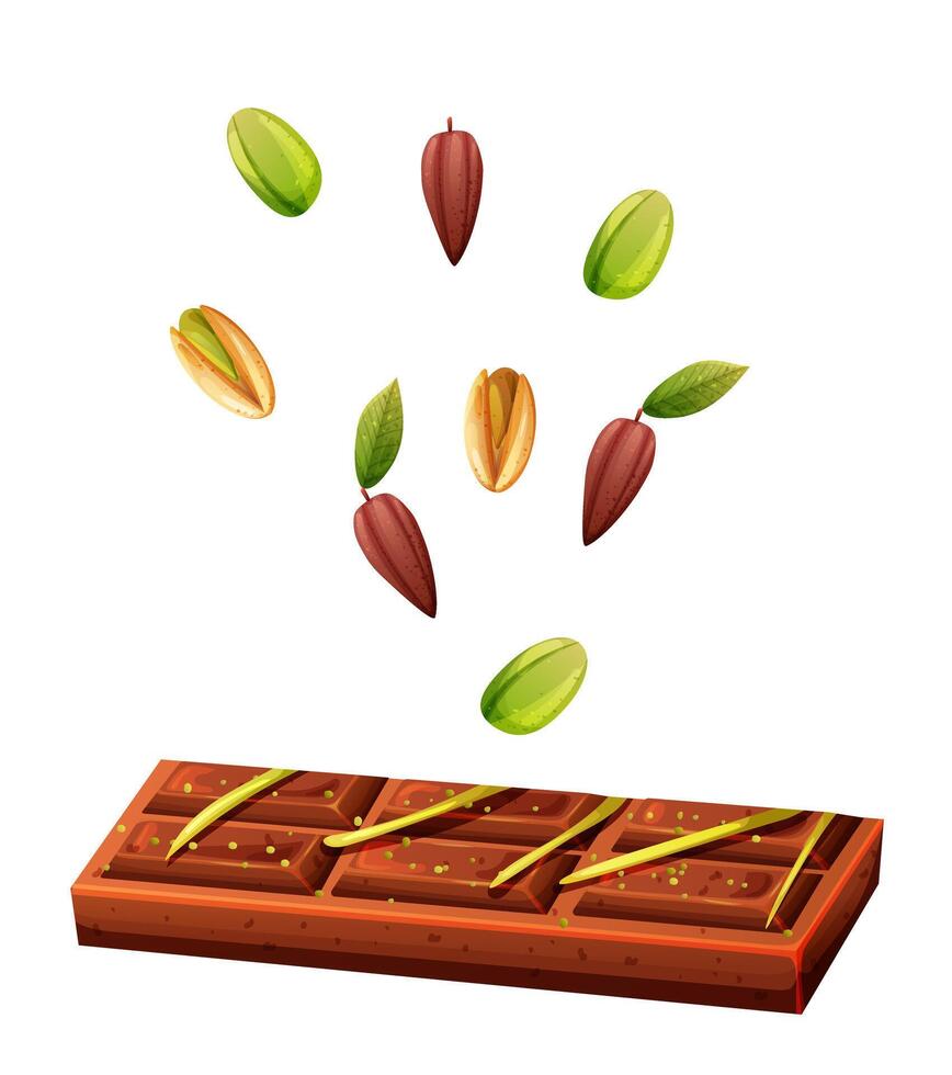 Dubai milk chocolate with flying pistachio and cocoa ingridients vector
