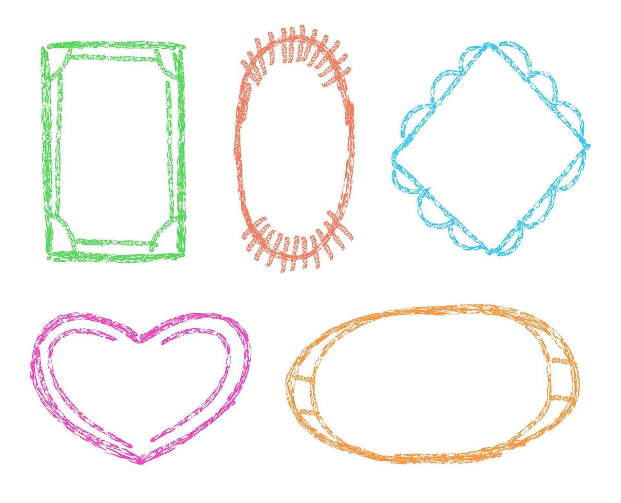 Set of photo or picture frame drawing with crayon or charcoal texture effect vector