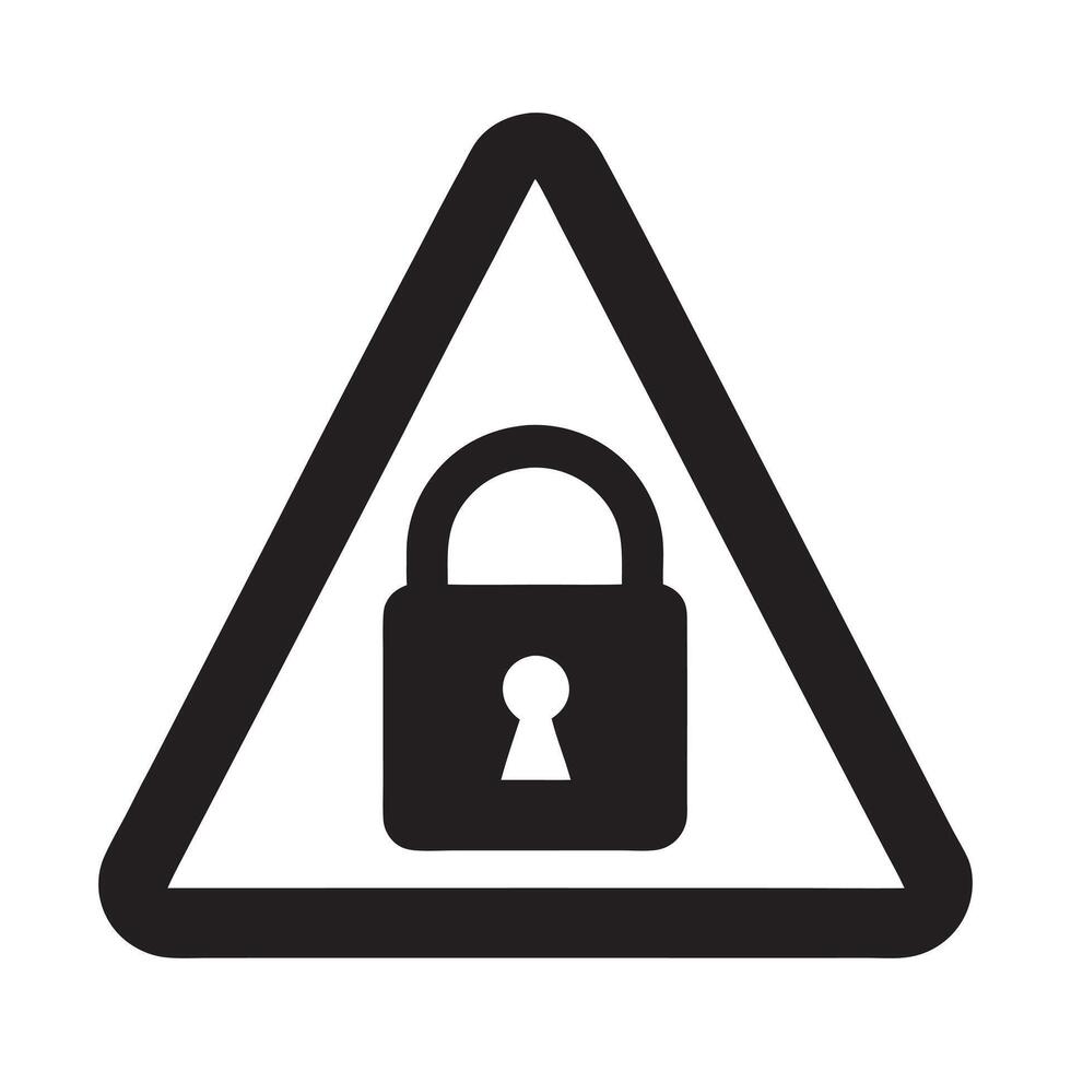 Warning Lock Symbol Triangle Icon, Raster lock flat warning sign. Triangle icon uses black Symbol style is a flat lock attention sign on a white background vector
