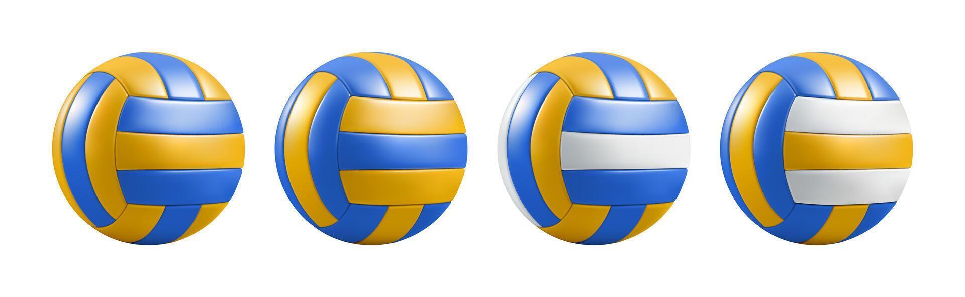 Sport ball emoji. 3d school volleyball stuff isolated set. Realistic beach volley cartoon render of different colors, water polo game equipment. Handball item play game. Soccer football mockup vector