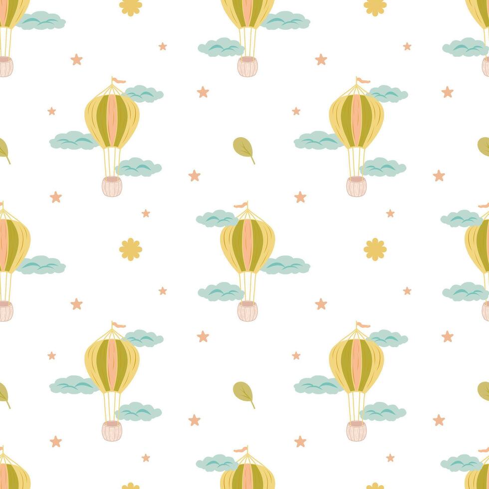 Seamless pattern with air balloons, cloud, flowers, leaves. Pattern for baby shower decor, nursery print, kids apparel, wrapping paper, fabric, and textile. illustration vector