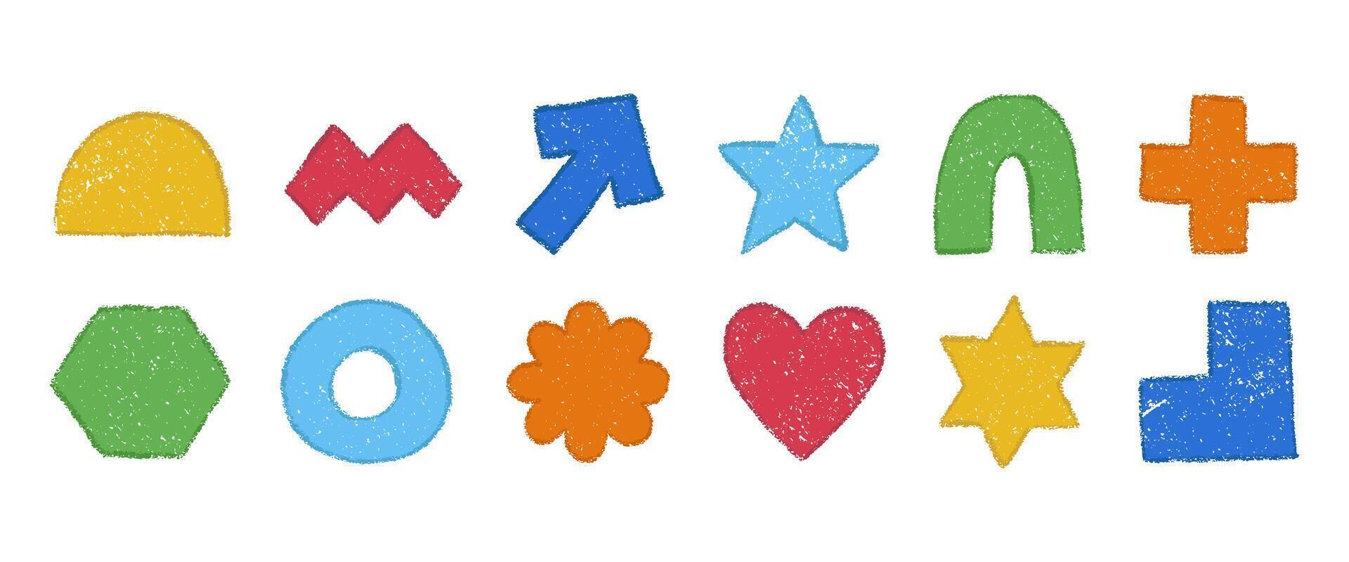 Set of colorful geometric figures in hand drawn sketch style. Chalk pencil or crayon textured shapes with strokes. illustration isolated on a white background vector