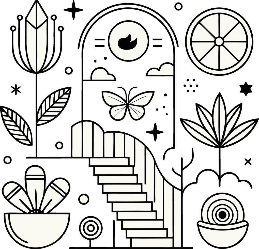 A black and white illustration of a staircase and other objects vector