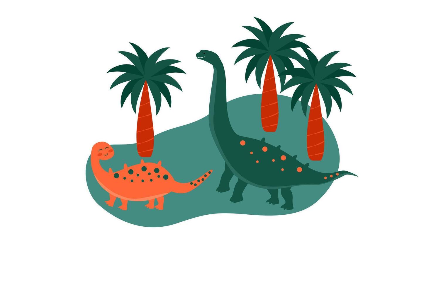 Vivid illustration of dinosaurs among palm trees vector