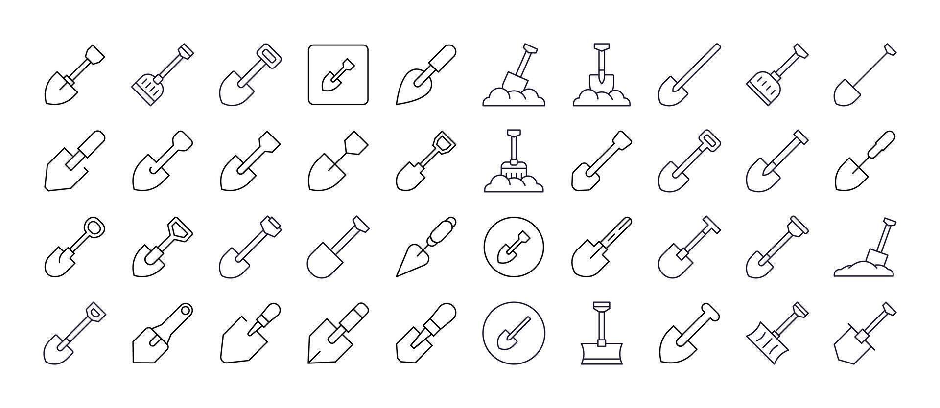 Bundle of Shovel Related Line Icons. Outline Signs for Graphic and Web Design, Apps, Adverts, Various Cards vector