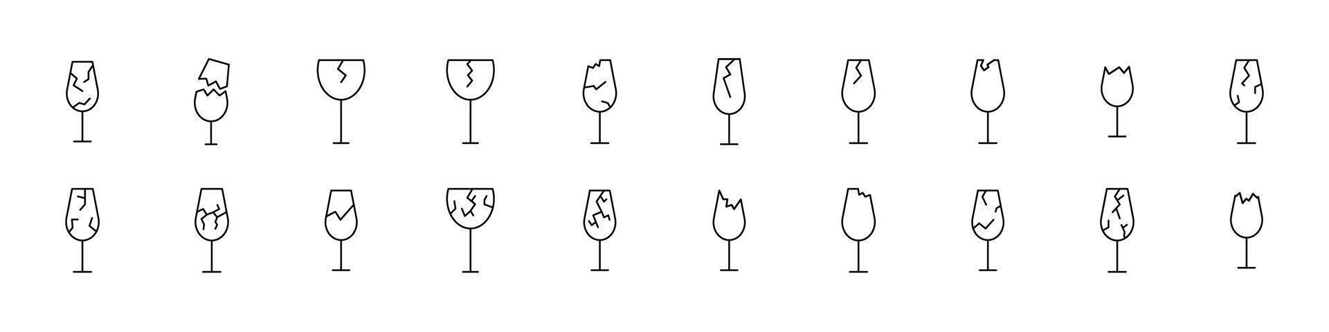Bundle of Line Icons of Broken Glass of Wine. Minimalistic Linear Pictogram for Web and Graphic Design, Apps, Banners, Social Network and Cards vector