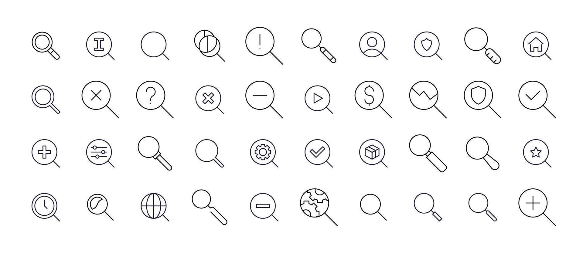 Magnifying Glass Line Icon Bundle. Outline Signs for Graphic and Web Design, Apps, Adverts, Various Cards vector
