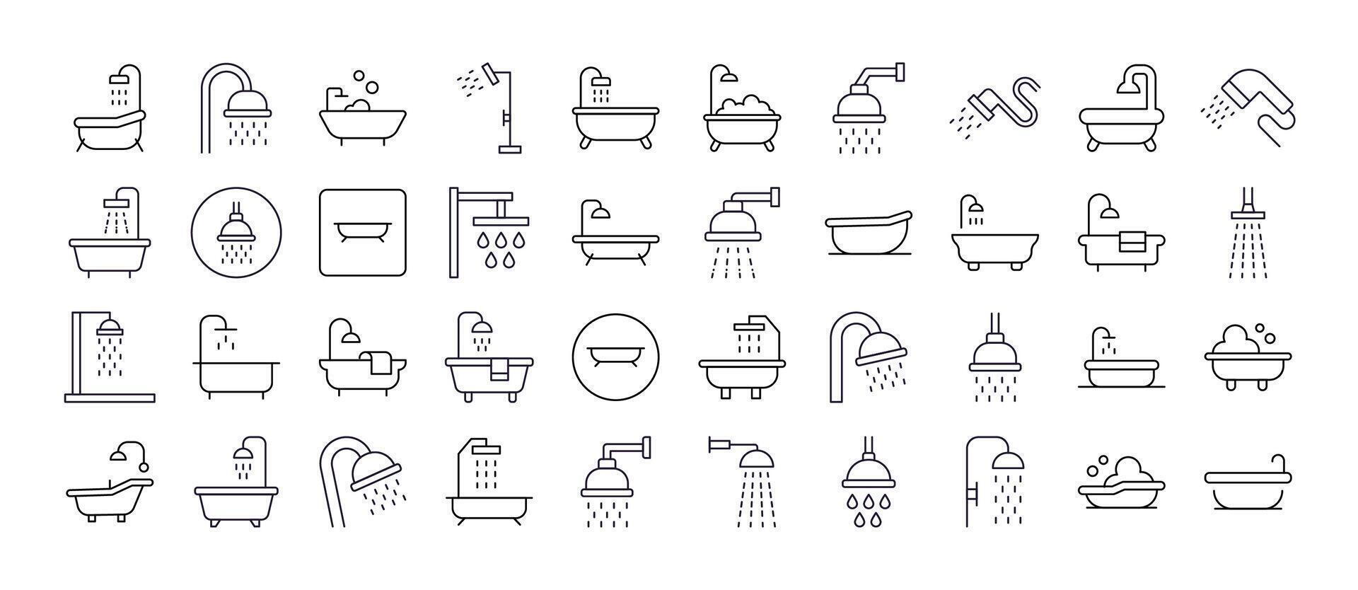 Shower and Bathtub Line Icon Pack. Outline Signs for Graphic and Web Design, Apps, Adverts, Various Cards vector