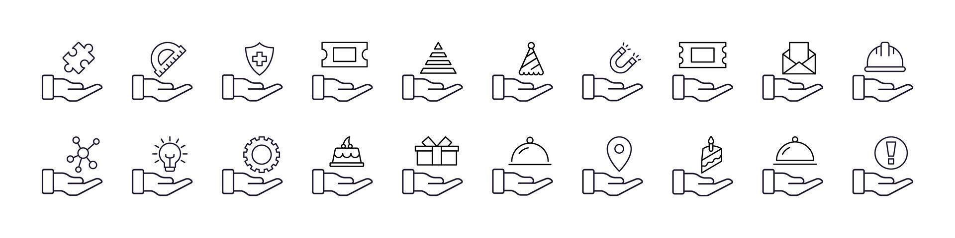 Helmet, Food, Mail etc on Hand Line Icon Pack. Outline Signs for Graphic and Web Design, Apps, Adverts, Various Cards vector