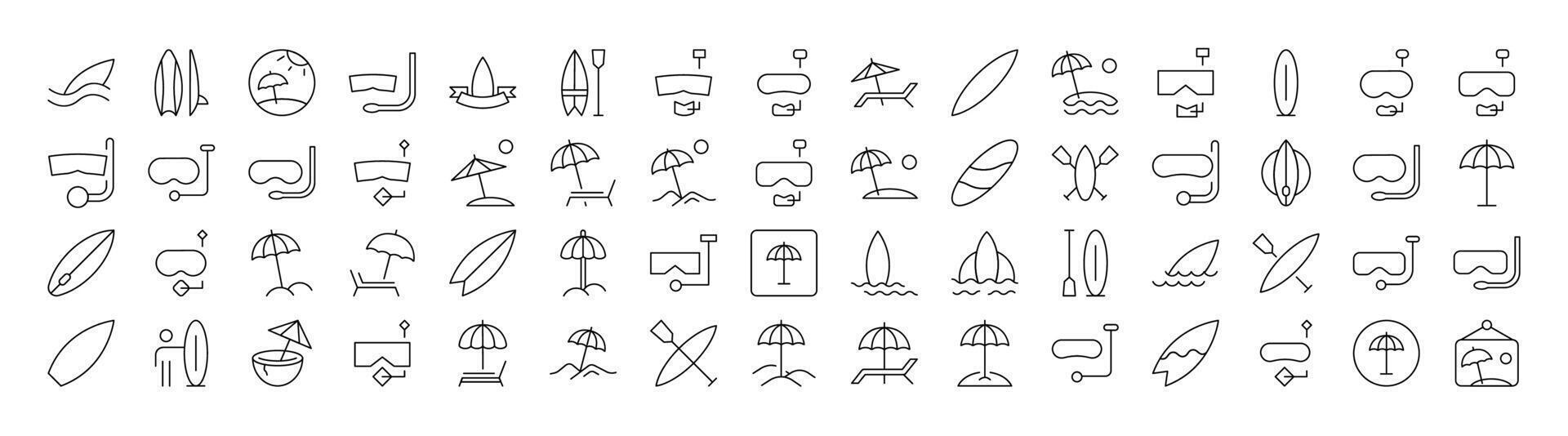 Diving Mask, Surfboard, Umbrella, Beach Line Icon Pack. Outline Signs for Graphic and Web Design, Apps, Adverts, Various Cards vector