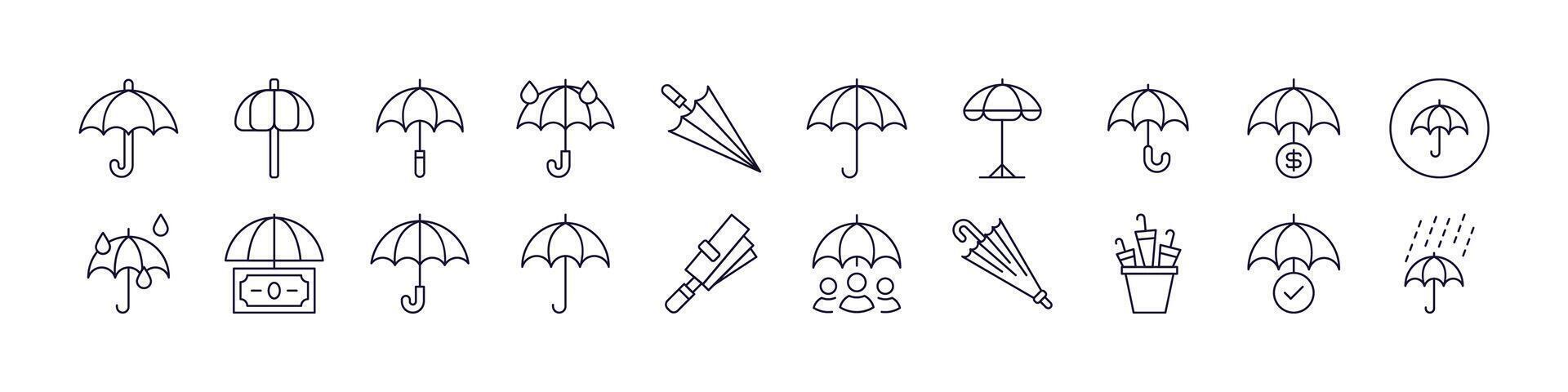 Bundle of Umbrella Thin Icons. Editable Stroke. Perfect for Web Sites, Books, Cards, Apps vector