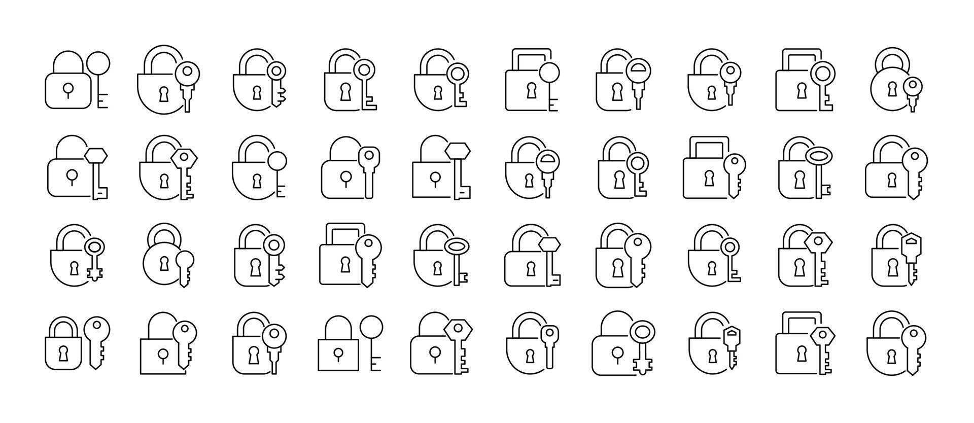 Lock and Key Line Icon Bundle. Outline Signs for Graphic and Web Design, Apps, Adverts, Various Cards vector