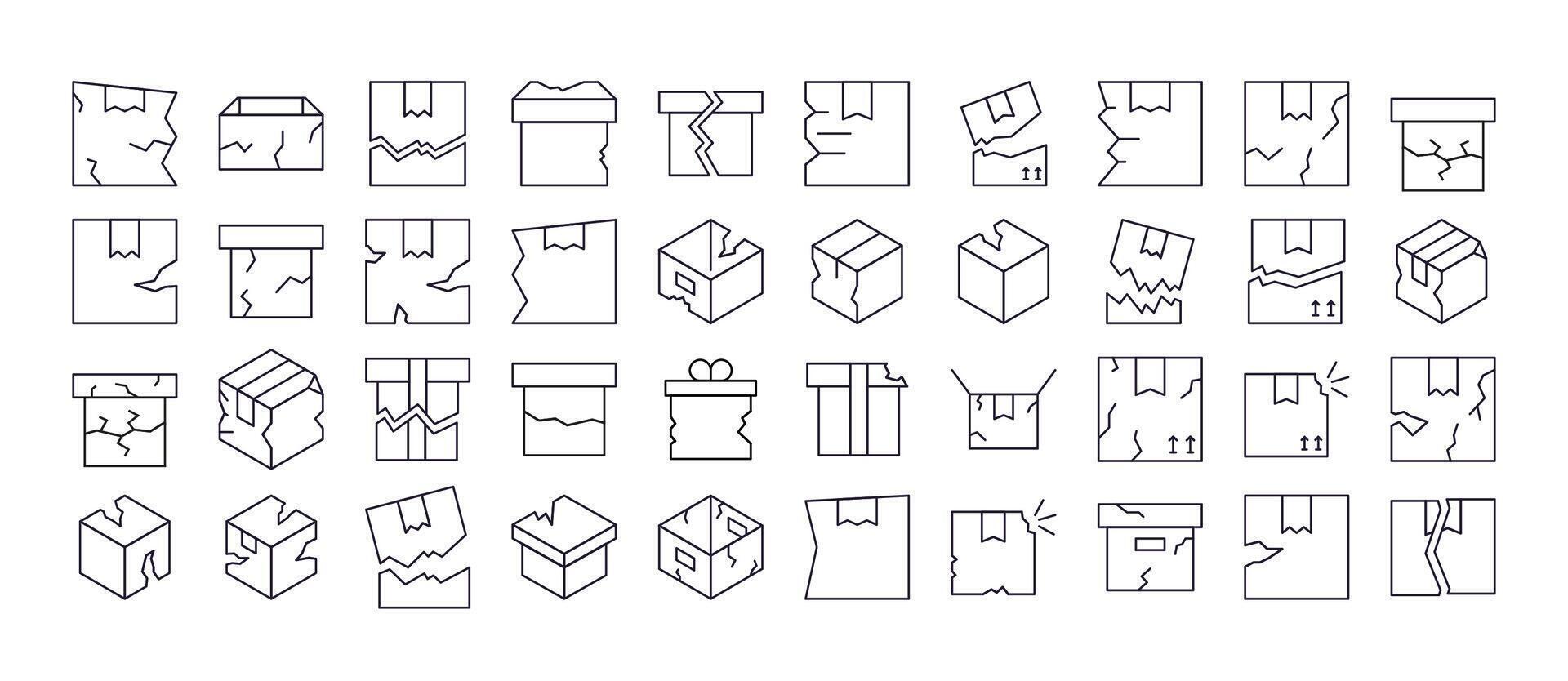 Collection of Broken Box Related Line Icons. Outline Signs for Graphic and Web Design, Apps, Adverts, Various Cards vector