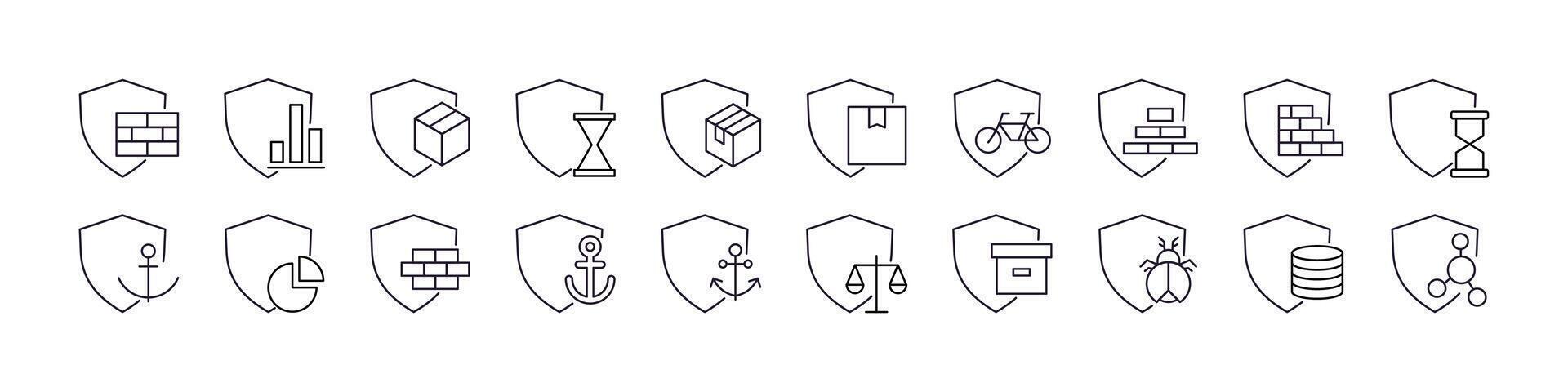 Box, Brick Wall, Anchor by Shield Bundle of Related Line Icons. Outline Signs for Graphic and Web Design, Apps, Adverts, Various Cards vector