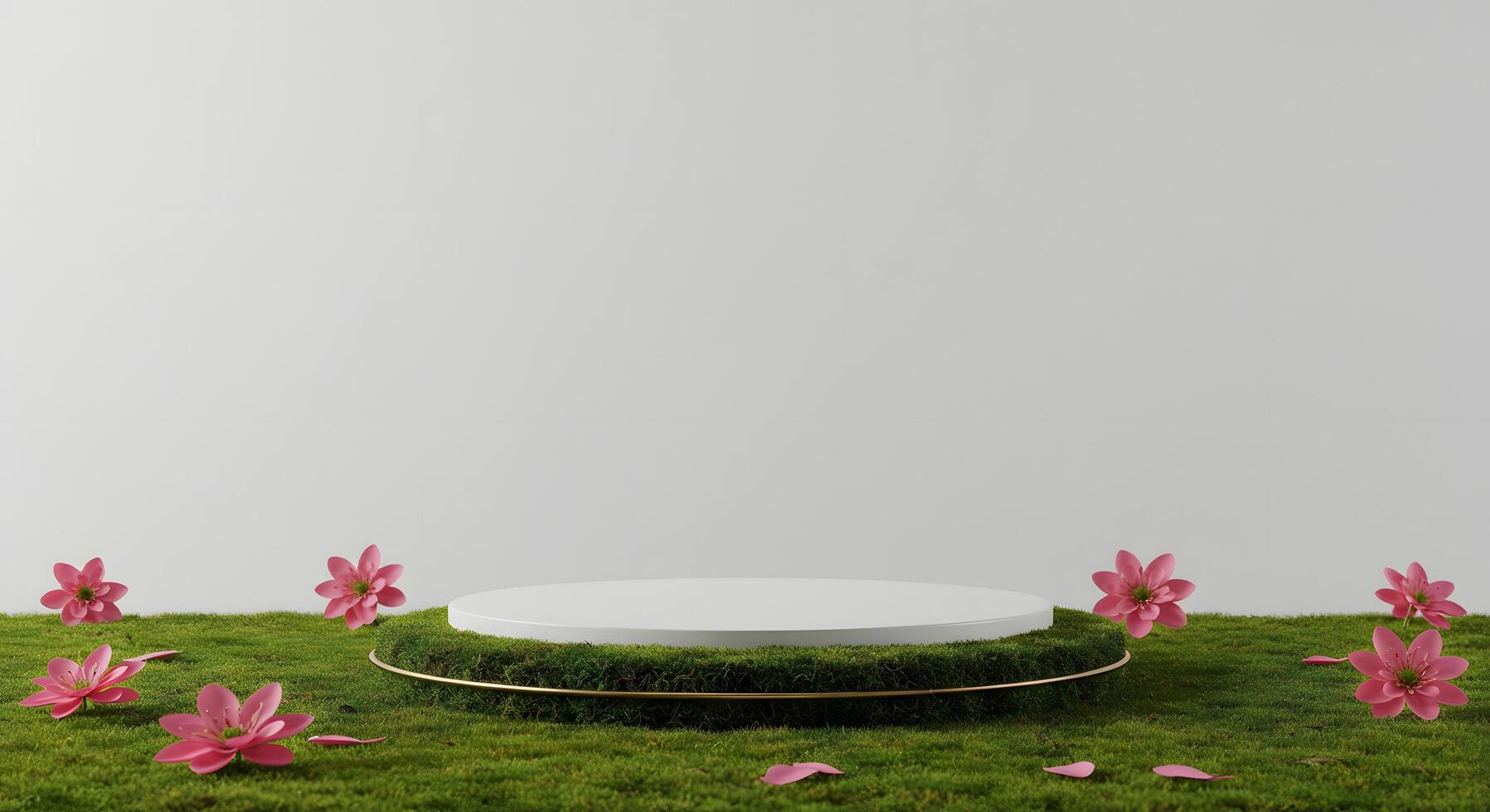 White Product Display Platform on Mossy Ground with Scattered Pink Flowers photo