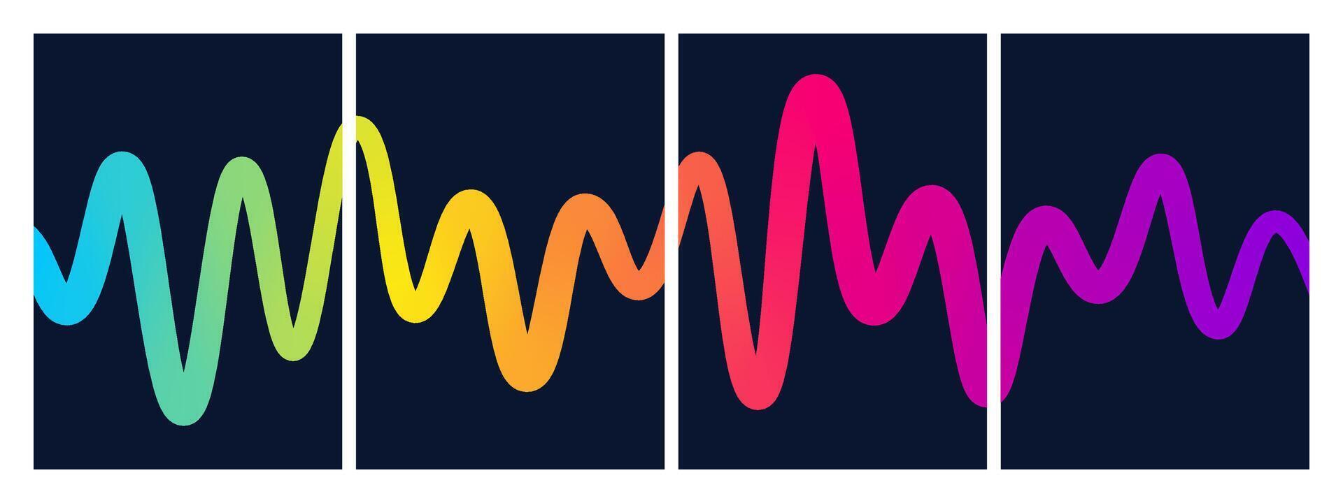 Gradient abstract backgrounds, wavy sound effects with 3D color lines. Modern posters and playful compositions for cards and prints vector