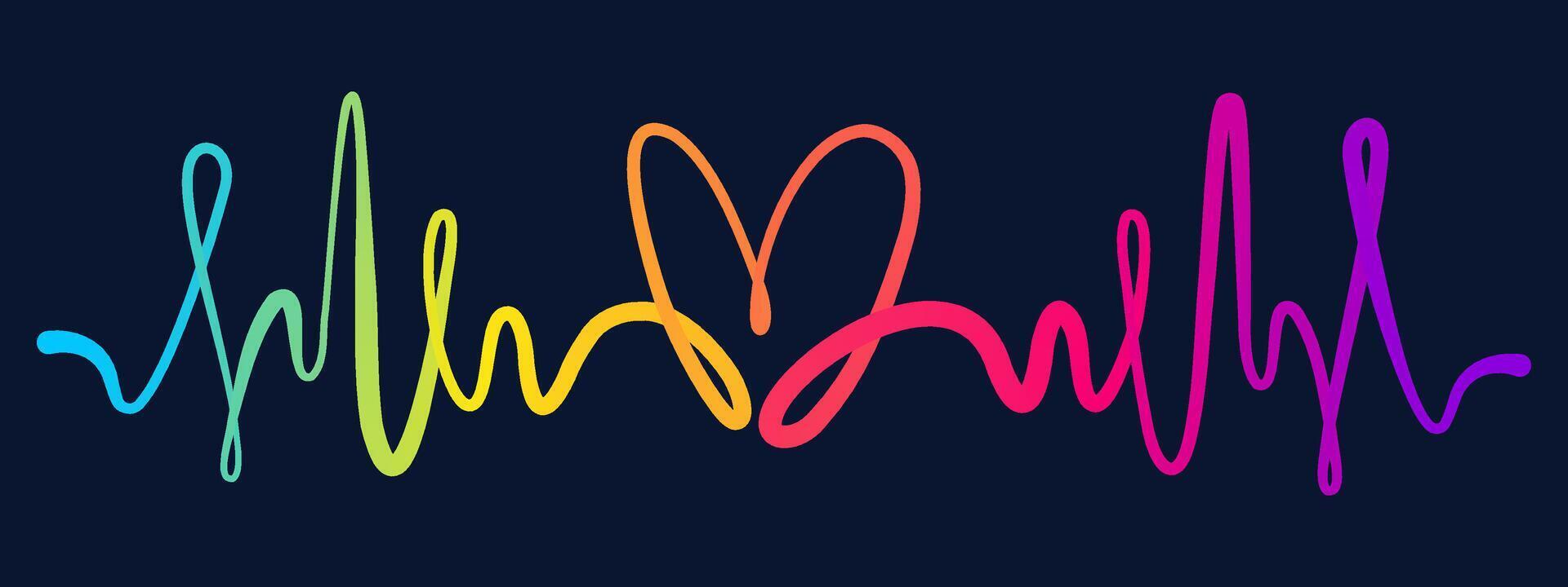 Heartbeat line with colorful gradient forming heart shape. On dark background. Abstract design for love themed posters, cards, medical and romantic illustrations vector