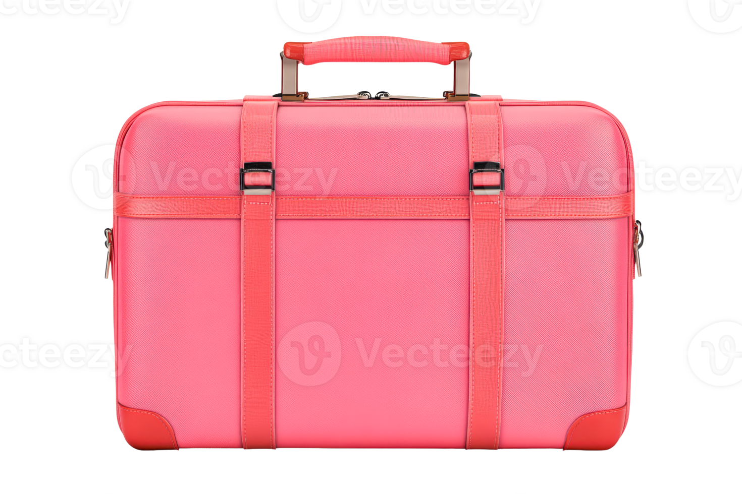 Elegant pink suitcase with straps isolated on black background, cut out transparent png