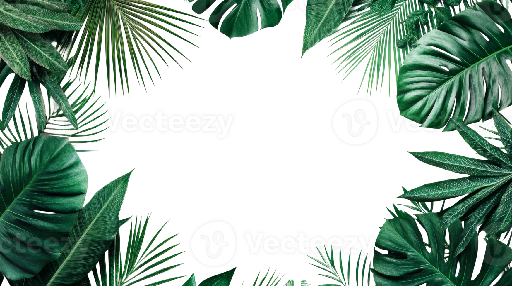 Lush green tropical leaves framing a blank space, cut out transparent png