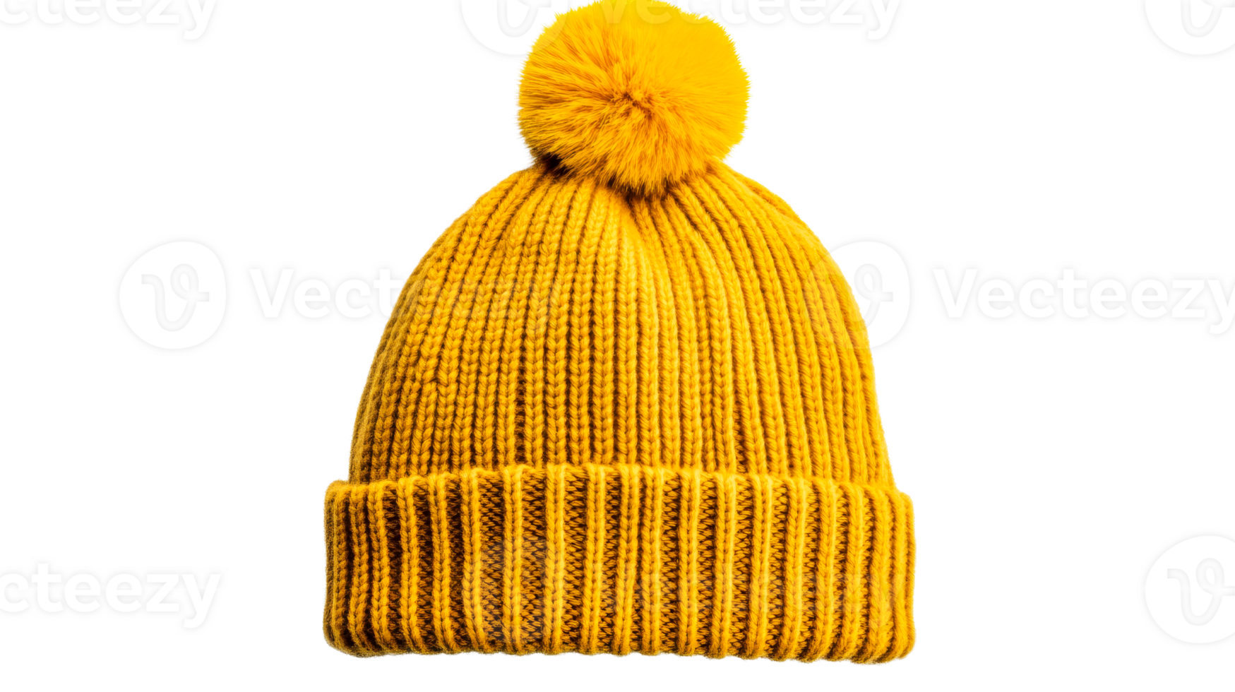 Yellow knitted hat with pompom for winter apparel, cut out transparent png