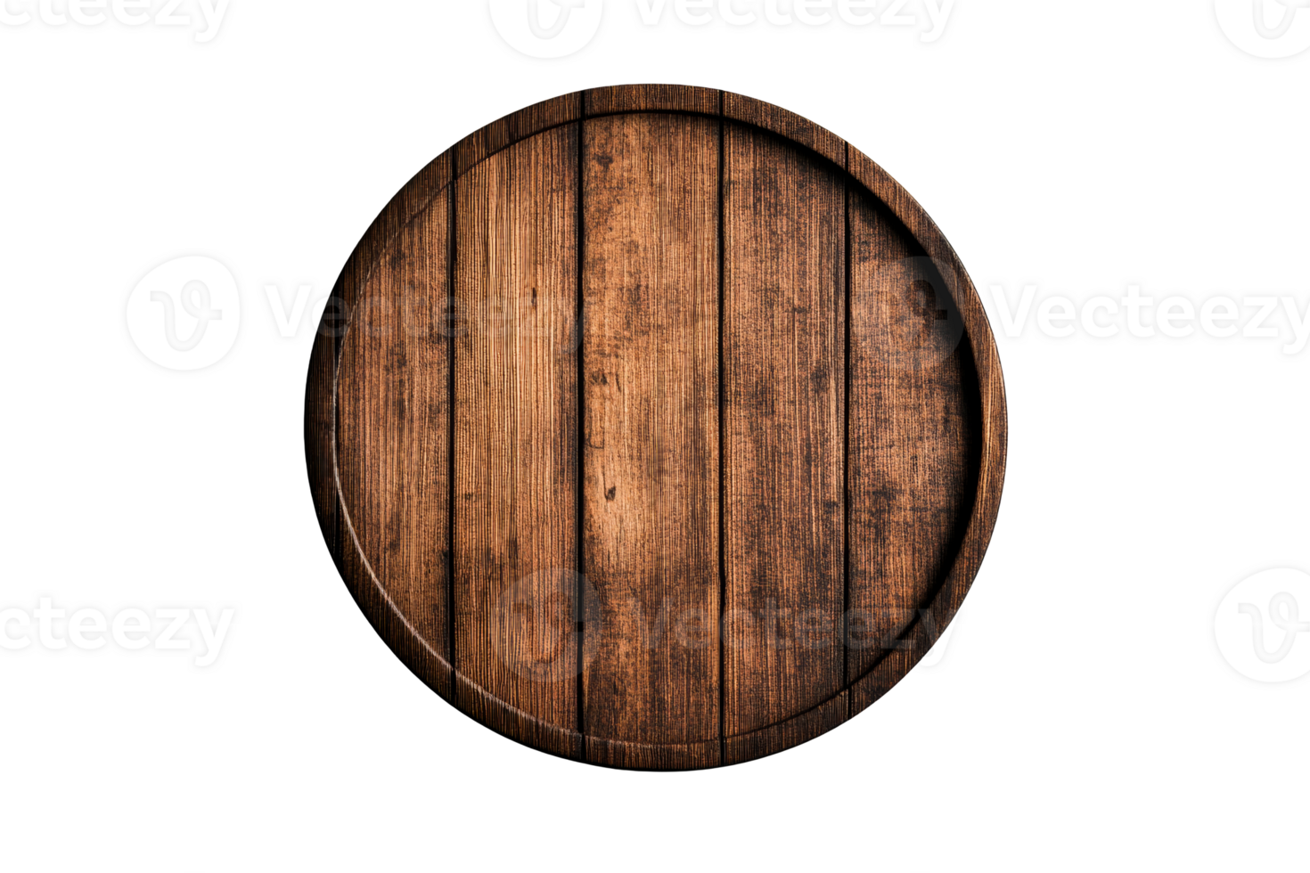 Round wooden cutting board, dark wood grain surface, cut out transparent png