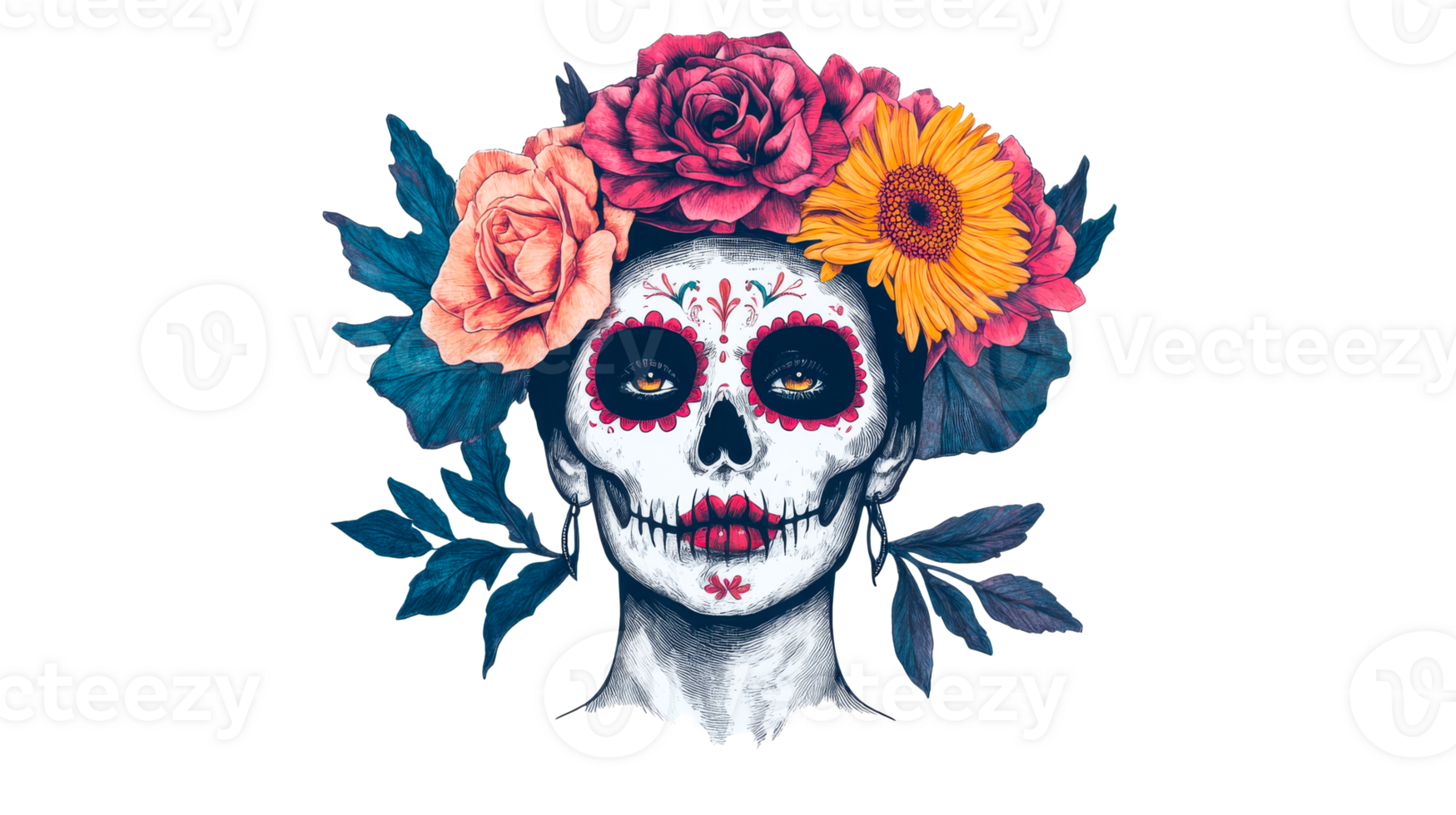 Sugar skull with floral wreath, cut out transparent png