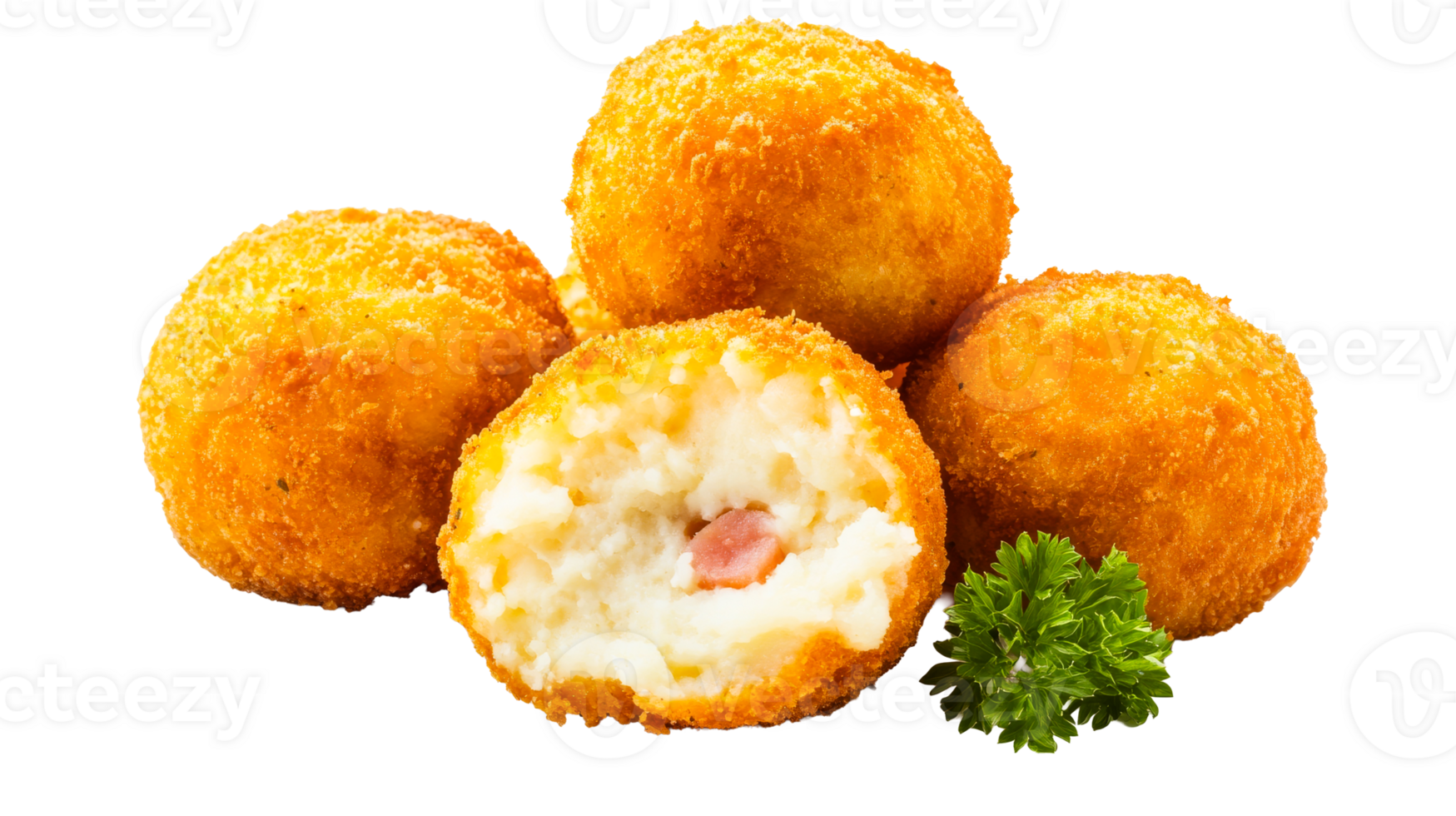 Fried potato balls with ham on black background, cut out transparent png